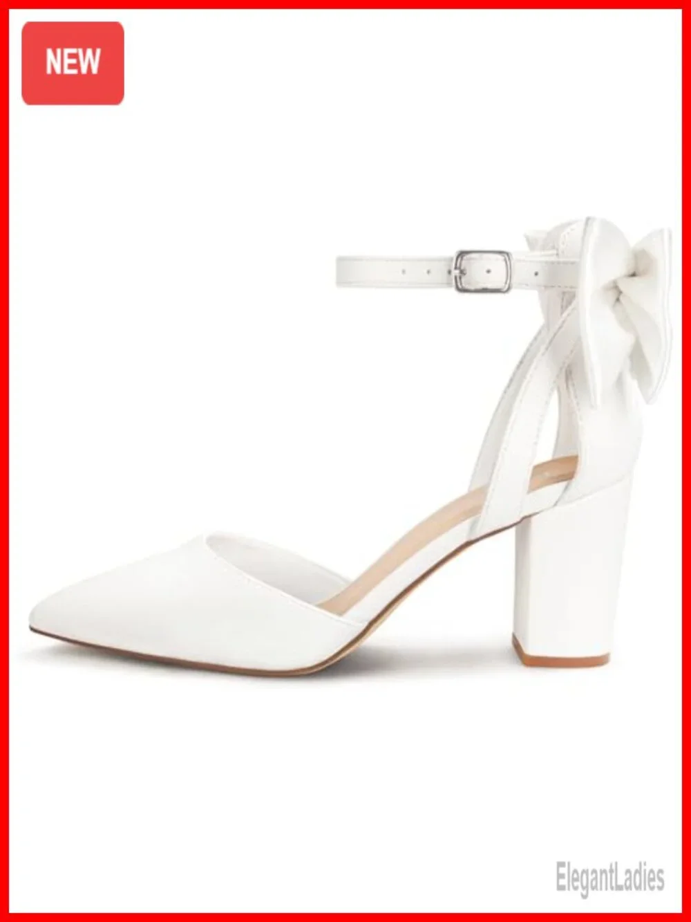 Closed Pointed Toe Heels with Bow Low Chunky Block Heel Ankle Strap D'Orsay